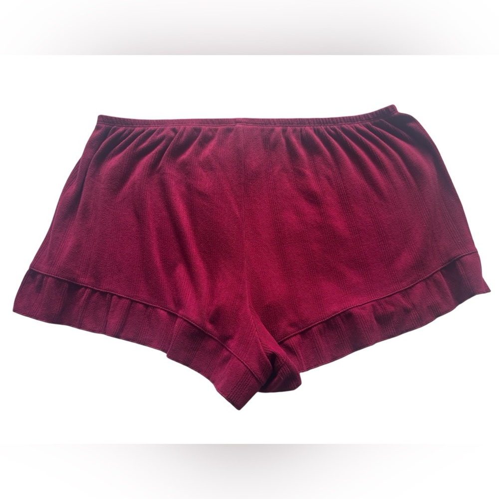 Wild Fable Pajama Set Burgundy Solid Button Down Shirt Ruffle Shorts Size Large - Picture 6 of 7